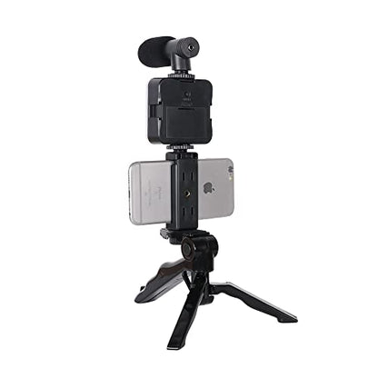Video Microphone Vlogging Kit- Portable Studio Video Recording Microphone with Foldable mic Stand and Selfie Stick, Smartphone Camera Video Recording with 3 Brightness Level LED Light vlog