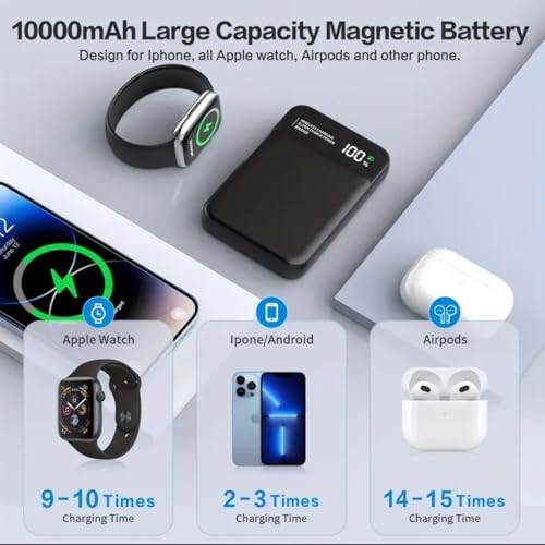 Magnetic Power Bank 10000mAh,3-in-1 Wireless Portable Charger,22.5W PD Fast Charging with LCD Display Compatible with All iPhone 15/14/13/12/iWatch/Airpods/Galaxy Phones Series