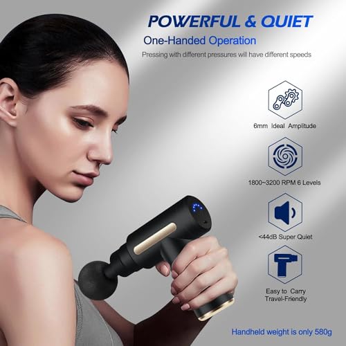 Mini Massage Gun - Ultra Quiet Deep Tissue Muscle Massager, 6 Speeds, Portable Handheld Percussion for Pain Relief, Type-C Charging, Compact Design for Back, Neck, Body - Ideal for Travel (Black)