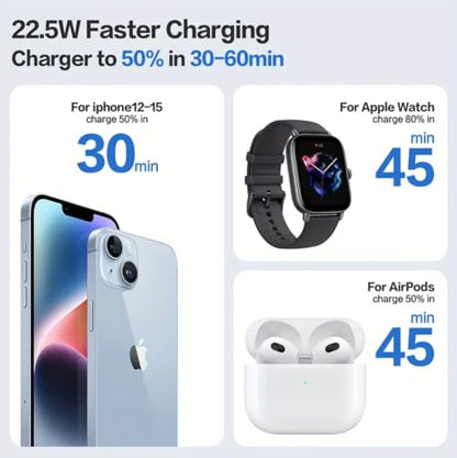 Magnetic Power Bank 10000mAh,3-in-1 Wireless Portable Charger,22.5W PD Fast Charging with LCD Display Compatible with All iPhone 15/14/13/12/iWatch/Airpods/Galaxy Phones Series