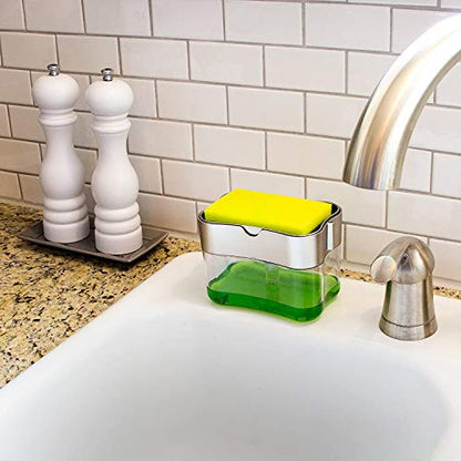 Kitchen Soap Dispenser with Sponge Holder - Samadex Countertop Kitchen Soap Dispenser, Sink Dish Washing 13 Ounces, Dish Soap Dispenser with Caddy - No More Messy Spills (Grey)