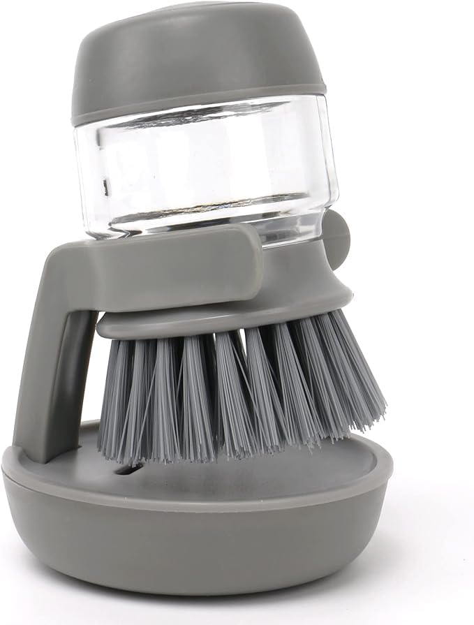 Multi-Purpose Palm Scrubbing Dish Brush with Soap Dispenser and Stand - Quick Drying Design for Kitchen Sink Cleaning, Dish Brush Alternative (Grey)